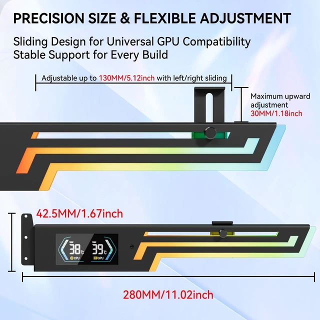 Alt view image 10 of 14 - ARGB GPU Support Bracket with CPU & GPU Temp Display, Universal Graphics Card Support, Multi Angle Adjustable GPU Sag Bracket for Video Cards, GPU Stand Built-in 5V3PIN Addressable RGB Strip