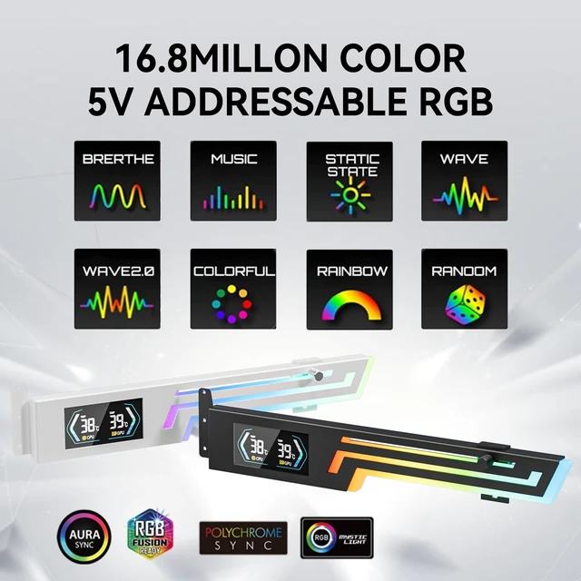 Alt view image 14 of 14 - ARGB GPU Support Bracket with CPU & GPU Temp Display, Universal Graphics Card Support, Multi Angle Adjustable GPU Sag Bracket for Video Cards, GPU Stand Built-in 5V3PIN Addressable RGB Strip