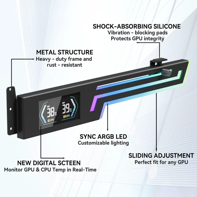 Alt view image 13 of 14 - ARGB GPU Support Bracket with CPU & GPU Temp Display, Universal Graphics Card Support, Multi Angle Adjustable GPU Sag Bracket for Video Cards, GPU Stand Built-in 5V3PIN Addressable RGB Strip