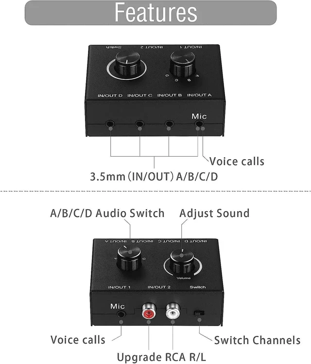 Alt view image 9 of 12 - 4 Channel 3.5mm Stereo Audio Switch 4x1 Bi-directional 3.5mm R/L Audio Switcher Splittrt Stereor 4 in 1 out/1 in 4 out Converter