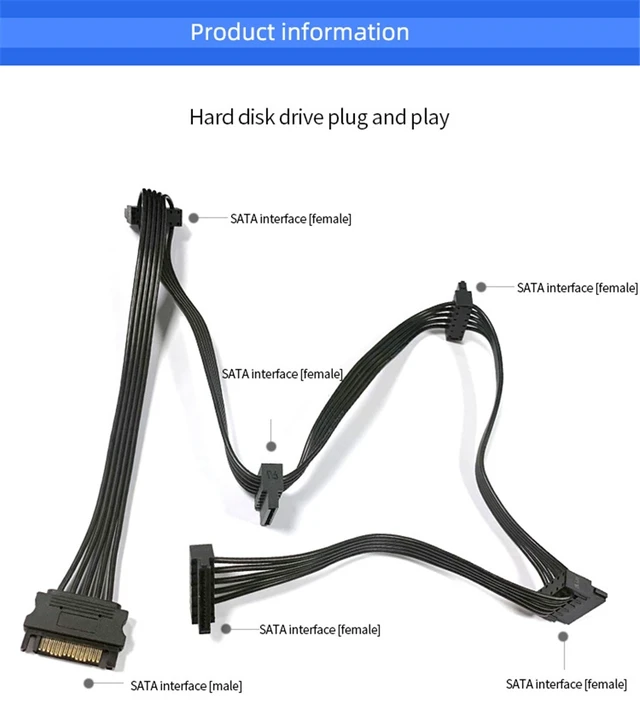 Alt view image 12 of 14 - 15Pin SATA Power Supply Splitter Cable Hard Drive 1 Male to 5 Female Extension Power Cord for Chia DIY PC Sever Wire length 76mm