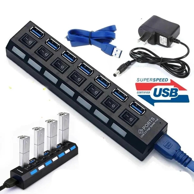 Alt view image 7 of 10 - 7 Port USB 3.0 HUB High Speed Splitter Expansion Adapter PC Laptop PS4 w/ Switch Use Power Adapter computer accessories for pc