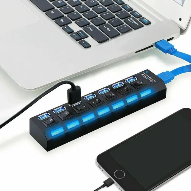 Alt view image 6 of 10 - 7 Port USB 3.0 HUB High Speed Splitter Expansion Adapter PC Laptop PS4 w/ Switch Use Power Adapter computer accessories for pc