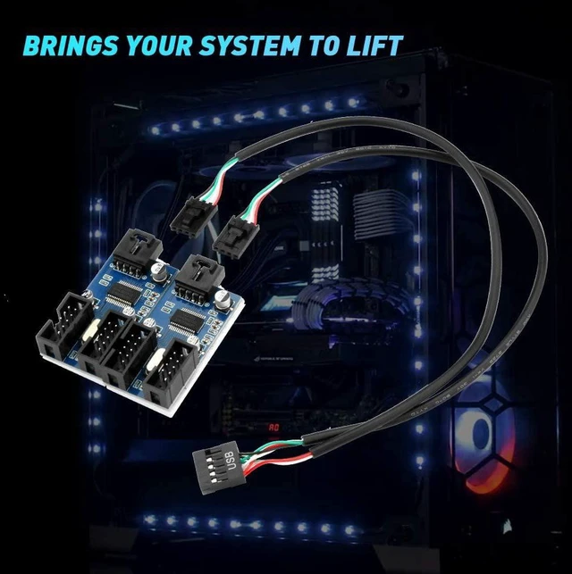 Alt view image 11 of 13 - 9pin USB Header Male 1 to 4 Female Extension Card USB 2.0 Splitter Cable Connector for Motherboard Adapter Port Multiplier for CPU WiFi Receiver Fans and RGB Light