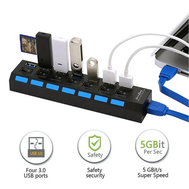 Alt view image 8 of 10 - 7 Port USB 3.0 HUB High Speed Splitter Expansion Adapter PC Laptop PS4 w/ Switch Use Power Adapter computer accessories for pc