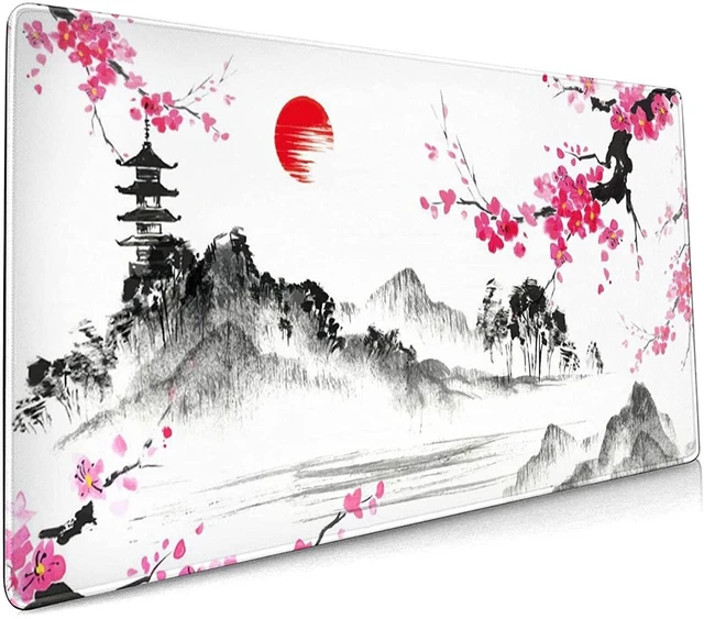 Alt view image 7 of 12 - Watercolor Sakura Mouse Pad 35.4 X 15.7 Inch Japanese Hills Cherry Blossom Extended Large Pink Mouse Mat Non-Slip Rubber Base Mousepad with Stitched Edges Waterproof Desk Pad for Gaming&Home Office,XL