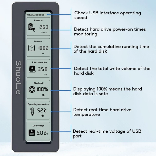 Alt view image 8 of 10 - ShuoLe Aluminum M.2 SSD Enclosure Adapter with LCD Display Screen,USB 3.2 10Gbps USB C to NVMe PCIe SATA M-Key/(B+M) Key Solid State Drive External Case Support UASP Trim for SSD Size 2242 2260 2280