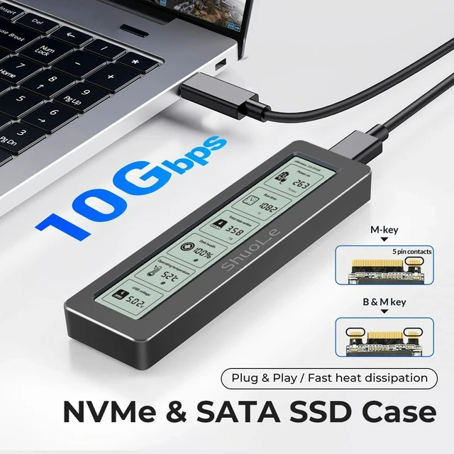 Alt view image 10 of 10 - ShuoLe Aluminum M.2 SSD Enclosure Adapter with LCD Display Screen,USB 3.2 10Gbps USB C to NVMe PCIe SATA M-Key/(B+M) Key Solid State Drive External Case Support UASP Trim for SSD Size 2242 2260 2280