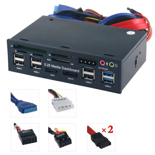 Alt view image 7 of 10 - 3.0 Hub Multi-Function eSATA SATA Port Internal Card Reader PC Media Front Panel Audio for SD MS CF TF M2 MMC Memory Cards