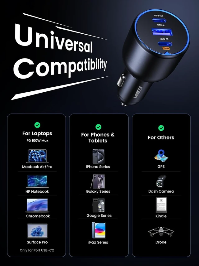 Alt view image 12 of 14 - 130W USB C Car Charger Type C Car Charger Adapter Compatible with iPhone 17 17 Air 17 Pro 17 Pro Max 16 16 Plus 16 Pro 16 Pro Max 15 14 13 12 Galaxy S24 S23 Ultra iPad MacBook and More