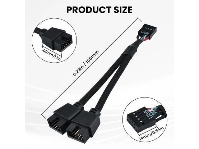 Alt view image 9 of 14 - 2Pcs Motherboard 9 Pin USB 2.0 to Dual 9 Pin Extension Splitter, USB 2.0 Header Splitter Nylon Braided Cable for PC Computer Internal Motherboard USB Hub, Black