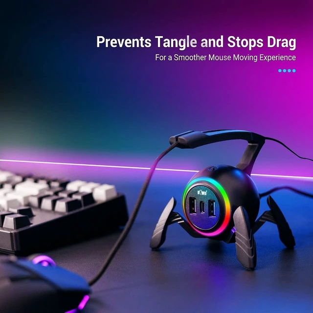 Alt view image 10 of 14 - KIWIFOTOS Mouse Bungee RGB Gaming Mouse Cord Holder Controller, Upgraded Flexible Cable Management Smart RGB LED Lights 2 Port USB Hub & 1 Type-C, Spider Mouse Wire Holder