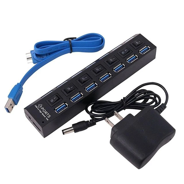Alt view image 6 of 10 - USB 3.0 Hub High Speed 7 Port USB3.0 Hub with EU/US Power Adapter Multi USB Splitter On/Off Switch for MacBook Laptop PC