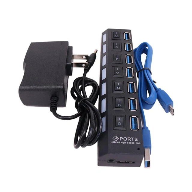 Alt view image 7 of 10 - USB 3.0 Hub High Speed 7 Port USB3.0 Hub with EU/US Power Adapter Multi USB Splitter On/Off Switch for MacBook Laptop PC