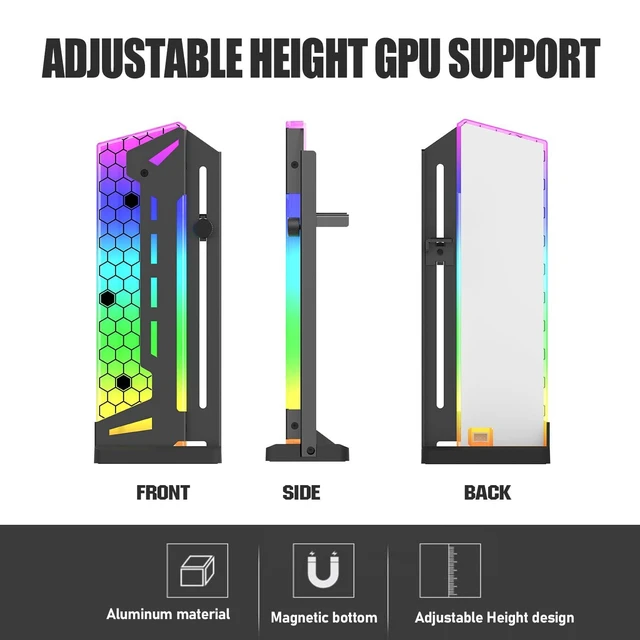 Alt view image 9 of 14 - ARGB GPU Support Bracket, GPU Brace Support, 5V 3Pin addressable GPU Holder, 5v 3pin RGB GPU Support Stand Video Card sag Holder, Adjustable Height GPU Stand (Black)