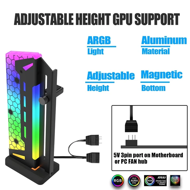 Alt view image 10 of 14 - ARGB GPU Support Bracket, GPU Brace Support, 5V 3Pin addressable GPU Holder, 5v 3pin RGB GPU Support Stand Video Card sag Holder, Adjustable Height GPU Stand (Black)