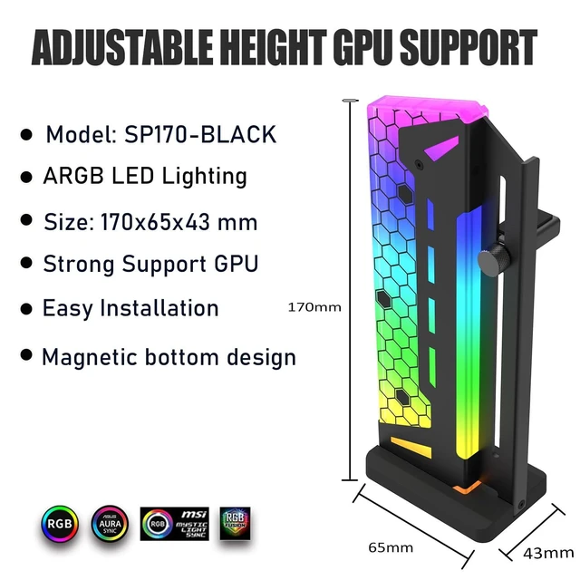 Alt view image 11 of 14 - ARGB GPU Support Bracket, GPU Brace Support, 5V 3Pin addressable GPU Holder, 5v 3pin RGB GPU Support Stand Video Card sag Holder, Adjustable Height GPU Stand (Black)