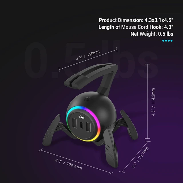 Alt view image 13 of 14 - KIWIFOTOS Mouse Bungee RGB Gaming Mouse Cord Holder Controller, Upgraded Flexible Cable Management Smart RGB LED Lights 2 Port USB Hub & 1 Type-C, Spider Mouse Wire Holder