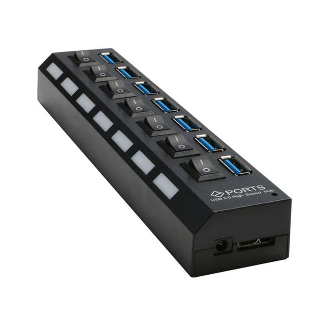 Alt view image 9 of 10 - USB 3.0 Hub High Speed 7 Port USB3.0 Hub with EU/US Power Adapter Multi USB Splitter On/Off Switch for MacBook Laptop PC