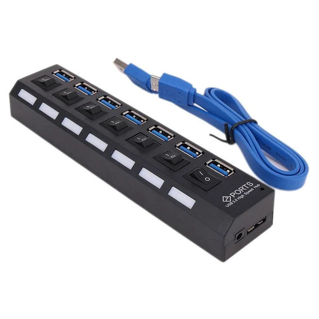 Alt view image 8 of 10 - USB 3.0 Hub High Speed 7 Port USB3.0 Hub with EU/US Power Adapter Multi USB Splitter On/Off Switch for MacBook Laptop PC