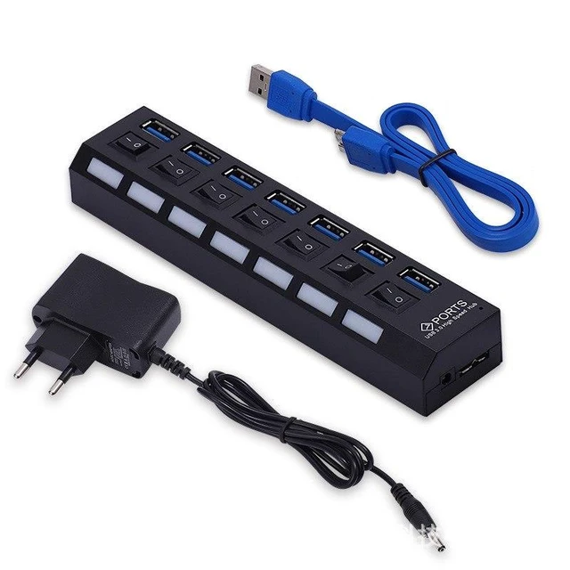 Alt view image 10 of 10 - USB 3.0 Hub High Speed 7 Port USB3.0 Hub with EU/US Power Adapter Multi USB Splitter On/Off Switch for MacBook Laptop PC