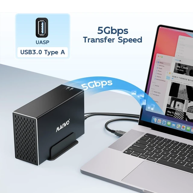 Alt view image 7 of 10 - MAIWO Dual Bay Hard Drive RAID Enclosure with Cooling Fan for 2.5/3.5 inch SATA SSD/HDD, 5Gbps USB 3.0 HDD Enclosure, 48TB Capacity, RAID 0/1/JBOD/PM, Aluminum Case