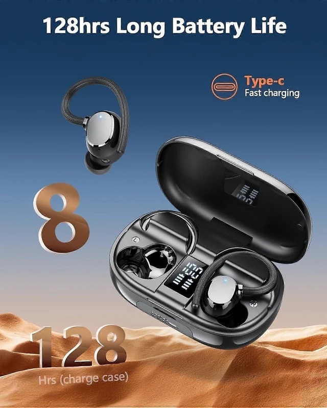 Alt view image 7 of 10 - Q22 Wireless Earbuds Bluetooth 5.3, 128H Playtime, IPX7 Waterproof Sports Headphones, Black