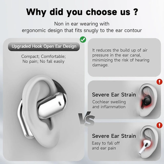 Alt view image 7 of 10 - Open Ear Bluetooth 5.4 Headphones, 50H Playtime Wireless Sport Earbuds with LED Display & Secure Ear Hooks