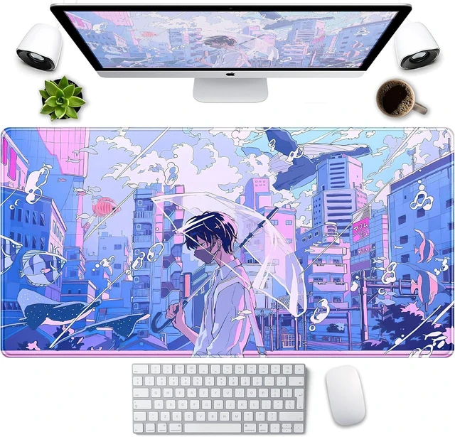 Alt view image 7 of 12 - Anime Kawaii Desk Mat Mousepad Cute Japanese Large Gaming Mouse Pad XXL, Pastel Aesthetic Purple Blue Laptop Keyboard Mouse Mat, Magical Fantasy City Girl Gamer Computer Desktop Mat 31.5x15.75 in
