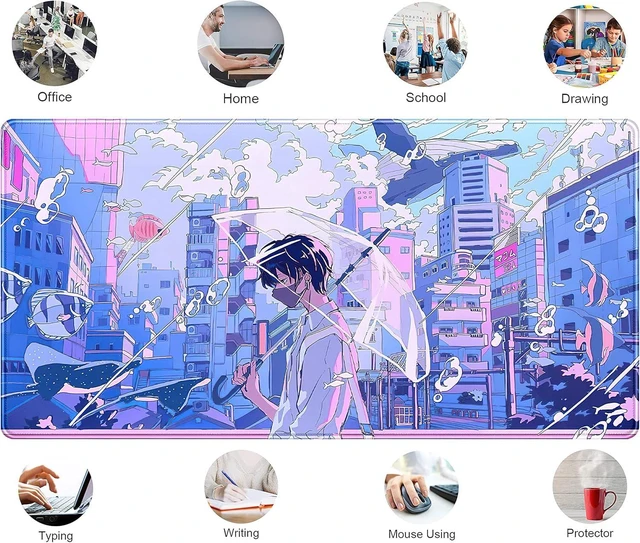Alt view image 11 of 12 - Anime Kawaii Desk Mat Mousepad Cute Japanese Large Gaming Mouse Pad XXL, Pastel Aesthetic Purple Blue Laptop Keyboard Mouse Mat, Magical Fantasy City Girl Gamer Computer Desktop Mat 31.5x15.75 in