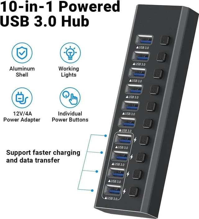 Alt view image 10 of 14 - Powered USB Hub, 10-Port USB 3.0 Hub with 4 Smart Charging, Individual Switches and 12V Power Adapter, Aluminum USB Port Expander for Laptop/PC, KZW-10USBA