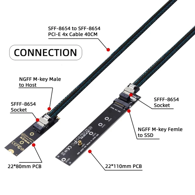 Alt view image 13 of 14 - NGFF M-Key NVME Male to Female Extension Cable 40cm with SFF-8654 Connector for Mainboard SSD 2280/22110
