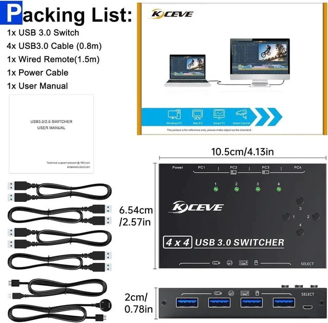 Alt view image 4 of 7 - 4 x4 USB 3.0 Switch 4 Computers, 4 Port USB Switch Selector Sharing 4 USB Devices,Keyboard Mouse Switch,USB Switcher Compatible with Mac/Windows/Linux,Wired Remote and 4 USB 3.0 Cable Included