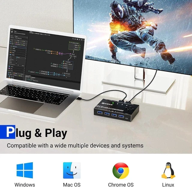 Alt view image 3 of 7 - 4 x4 USB 3.0 Switch 4 Computers, 4 Port USB Switch Selector Sharing 4 USB Devices,Keyboard Mouse Switch,USB Switcher Compatible with Mac/Windows/Linux,Wired Remote and 4 USB 3.0 Cable Included