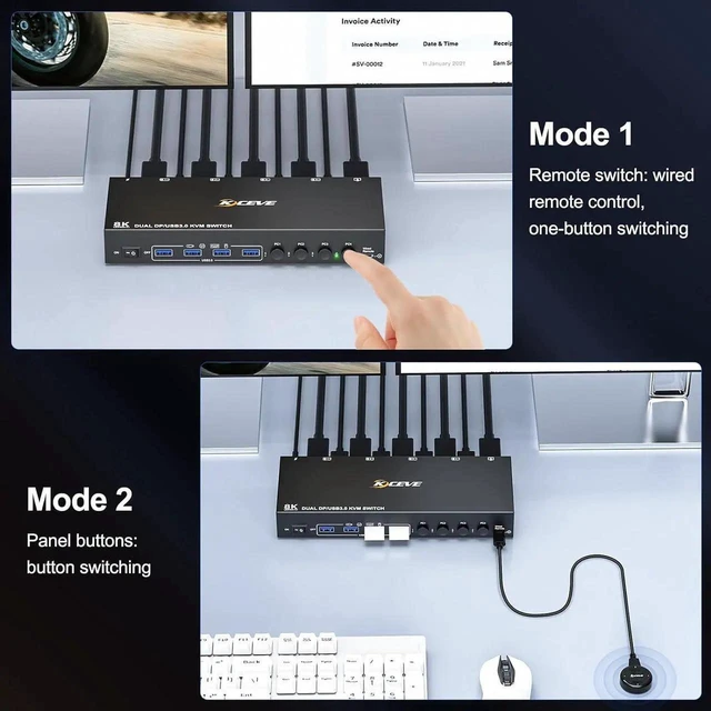 Alt view image 4 of 7 - 8K DisplayPort KVM Switch for 4 Computers 2 Monitors 8K@30Hz 4K@144Hz, Dual Monitor DP KVM Switch DisplayPort 1.4 and 4 USB 3.0 Ports for 4 PC/Laptops, with DP+USB Cable and Desktop Controller