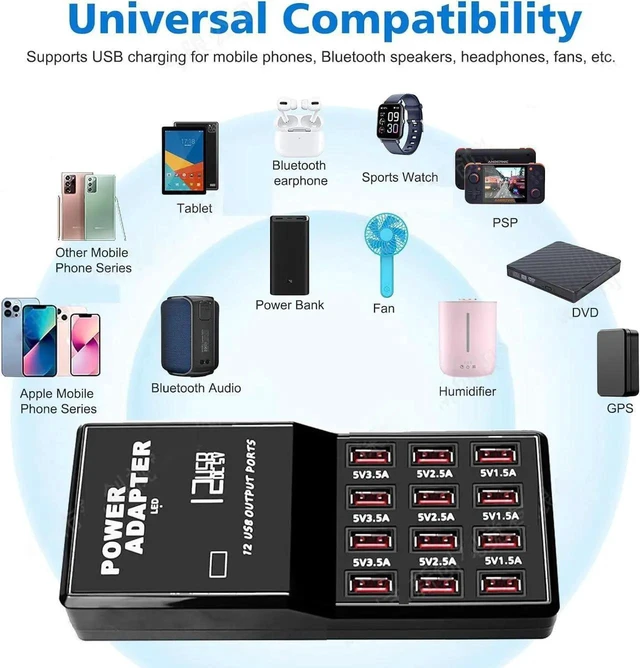 Alt view image 4 of 6 - Multi Port USB Charging Station, 60W 12 Ports USB Charging Station, USB Fast Charging 12 Ports for Multiple Devices Cell Phones Tablets Smartwatches Headphones Speakers (Black)