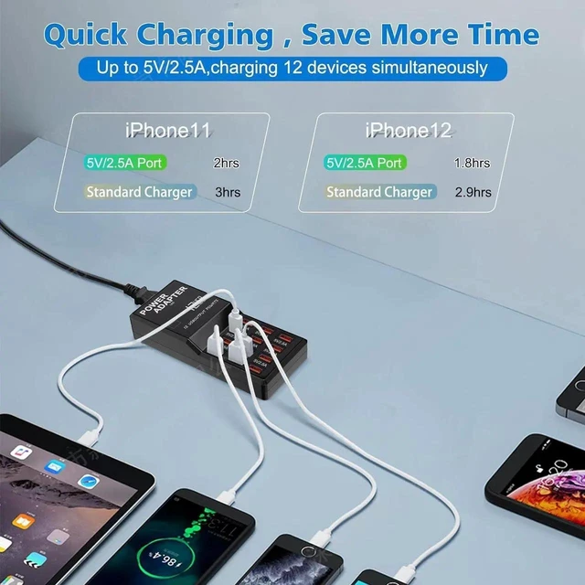 Alt view image 5 of 6 - Multi Port USB Charging Station, 60W 12 Ports USB Charging Station, USB Fast Charging 12 Ports for Multiple Devices Cell Phones Tablets Smartwatches Headphones Speakers (Black)