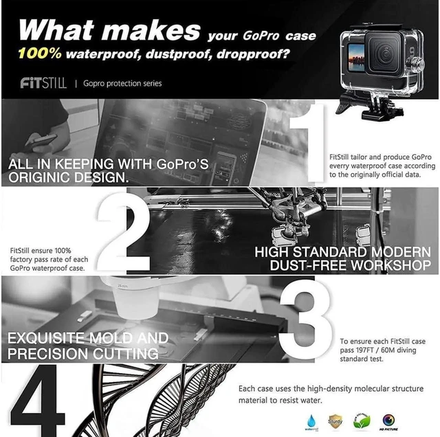 Alt view image 3 of 7 - 60M Waterproof Case for GoPro Hero 12 Black / Hero 11 Black / Hero 10 Black / Hero 9 Black, Protective Underwater Dive Housing Shell with Bracket Accessories for Go Pro Hero 12 11 10 9 Action Camera