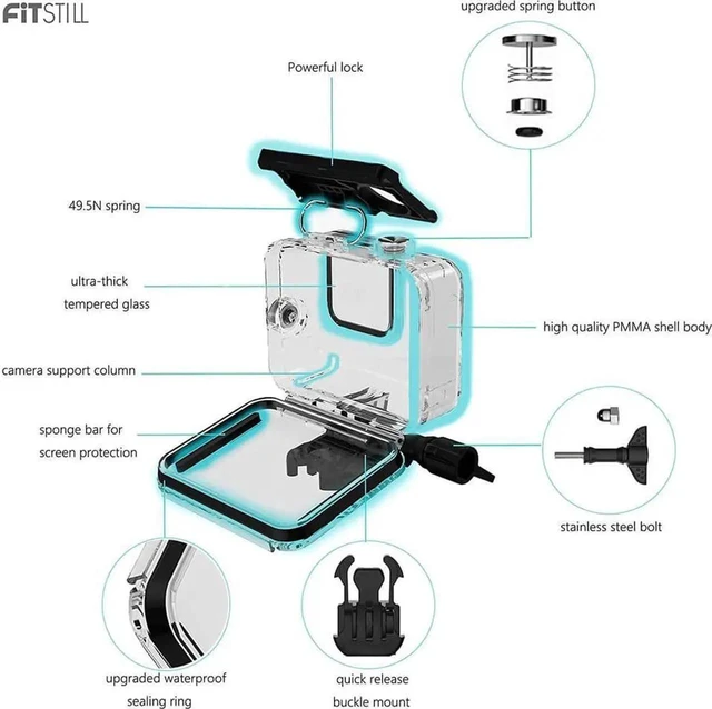 Alt view image 7 of 7 - 60M Waterproof Case for GoPro Hero 12 Black / Hero 11 Black / Hero 10 Black / Hero 9 Black, Protective Underwater Dive Housing Shell with Bracket Accessories for Go Pro Hero 12 11 10 9 Action Camera