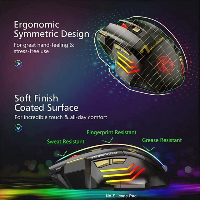 Alt view image 3 of 7 - 2.4G Wireless + Bluetooth Rechargeable Gaming Mouse, 4 DPI Adjustable, 6 Buttons, 7 Color RGB LED Breathing Light, 2.4G Low Noise Computer Optical Mouse (Wireless+Bluetooth)