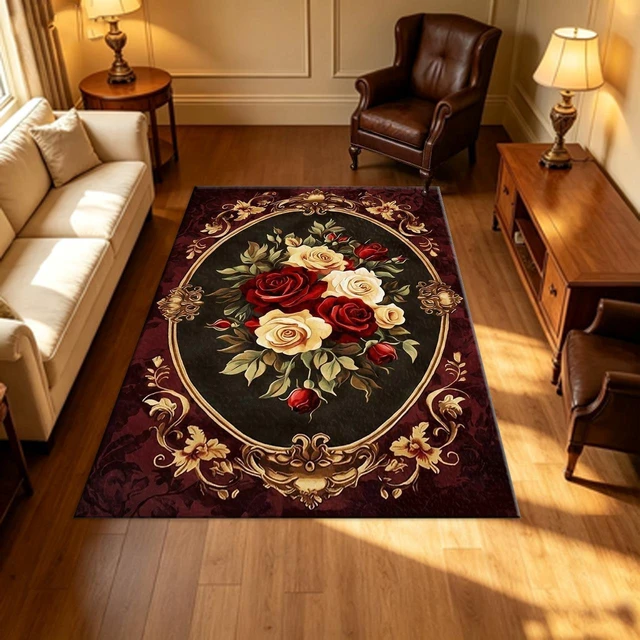 Alt view image 4 of 7 - Vintage Baroque Rose Pattern carpet flooring Luxury Decorative Floor Mat for Living Room Bedroom Home Decor