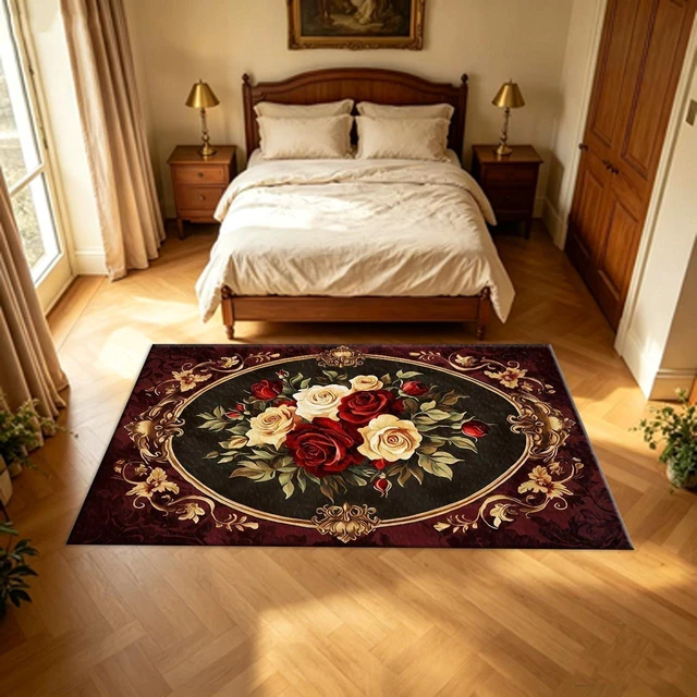 Alt view image 7 of 7 - Vintage Baroque Rose Pattern carpet flooring Luxury Decorative Floor Mat for Living Room Bedroom Home Decor