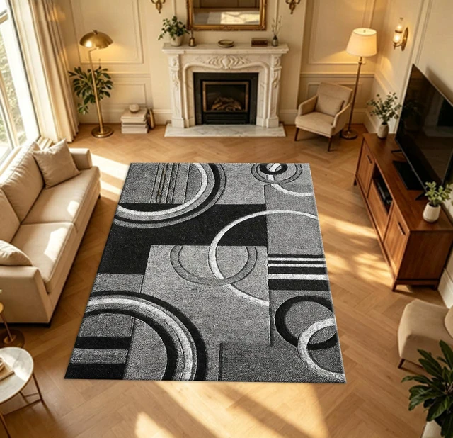 Main image of Rectangular Geometric Circle Area Rug, Modern Black Gray Abstract Low Pile Indoor Carpet for Living Room Bedroom Kitchen Washable,Multiple Sizes 6x10,6x8,5x7,4x6,3x5