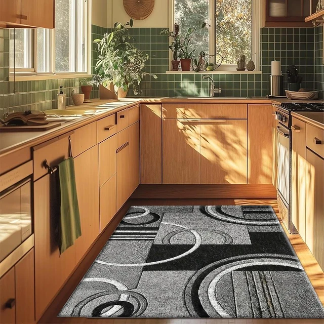 Alt view image 5 of 7 - Rectangular Geometric Circle Area Rug, Modern Black Gray Abstract Low Pile Indoor Carpet for Living Room Bedroom Kitchen Washable,Multiple Sizes 6x10,6x8,5x7,4x6,3x5