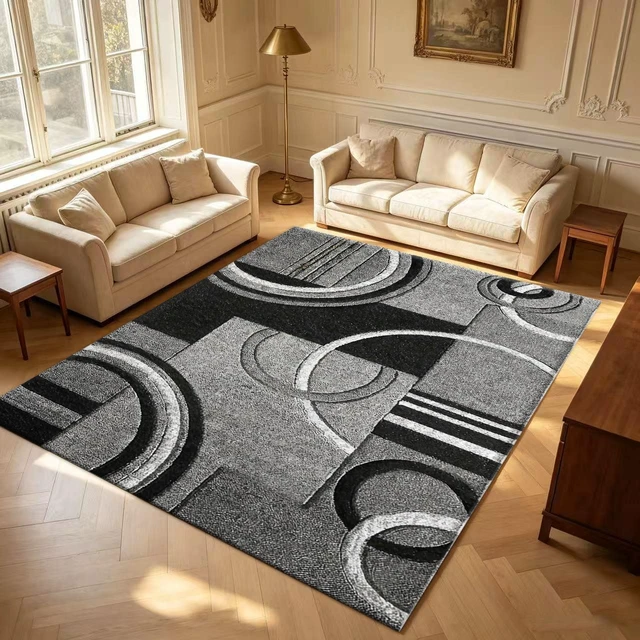 Alt view image 2 of 7 - Rectangular Geometric Circle Area Rug, Modern Black Gray Abstract Low Pile Indoor Carpet for Living Room Bedroom Kitchen Washable,Multiple Sizes 6x10,6x8,5x7,4x6,3x5