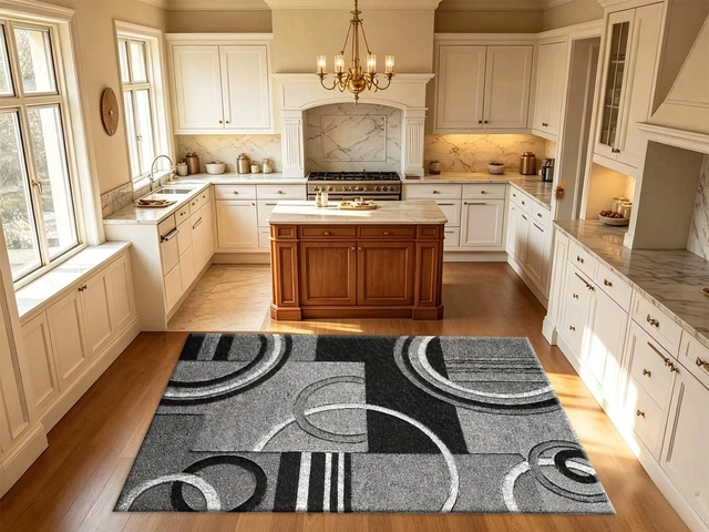 Alt view image 6 of 7 - Rectangular Geometric Circle Area Rug, Modern Black Gray Abstract Low Pile Indoor Carpet for Living Room Bedroom Kitchen Washable,Multiple Sizes 6x10,6x8,5x7,4x6,3x5