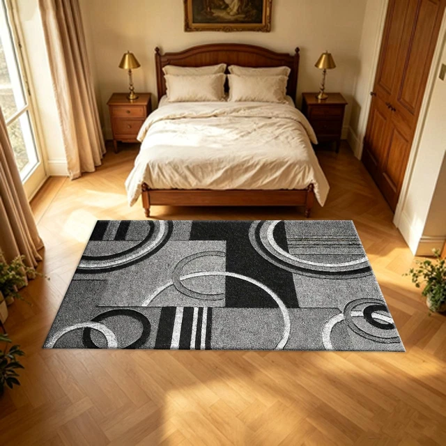 Alt view image 7 of 7 - Rectangular Geometric Circle Area Rug, Modern Black Gray Abstract Low Pile Indoor Carpet for Living Room Bedroom Kitchen Washable,Multiple Sizes 6x10,6x8,5x7,4x6,3x5