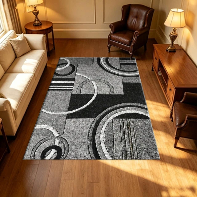 Alt view image 4 of 7 - Rectangular Geometric Circle Area Rug, Modern Black Gray Abstract Low Pile Indoor Carpet for Living Room Bedroom Kitchen Washable,Multiple Sizes 6x10,6x8,5x7,4x6,3x5