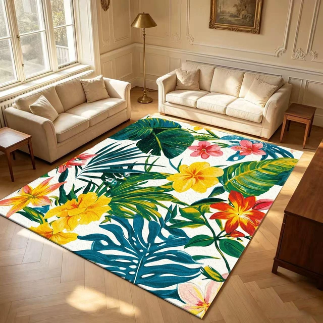 Alt view image 3 of 7 - Rectangular Tropical Floral Area Rug, Botanical Leaf Flower Pattern Low Pile Indoor Carpet for Living Room Bedroom Kitchen Washable,Multiple Sizes 6x10,6x8,5x7,4x6,3x5