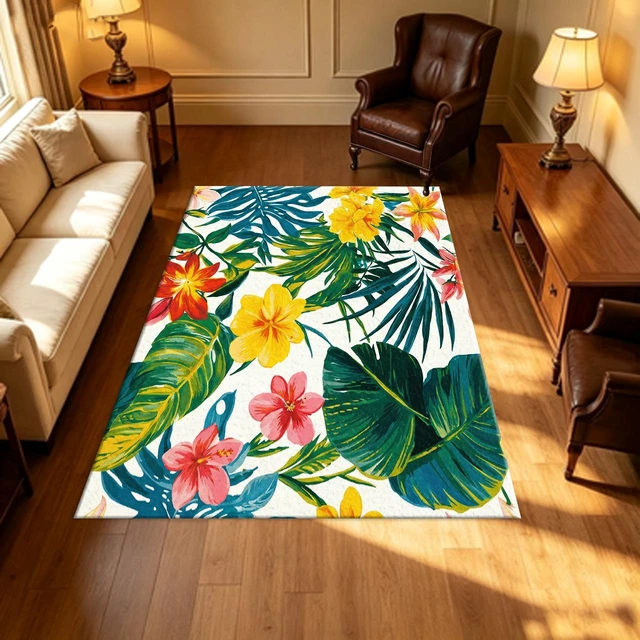 Alt view image 5 of 7 - Rectangular Tropical Floral Area Rug, Botanical Leaf Flower Pattern Low Pile Indoor Carpet for Living Room Bedroom Kitchen Washable,Multiple Sizes 6x10,6x8,5x7,4x6,3x5